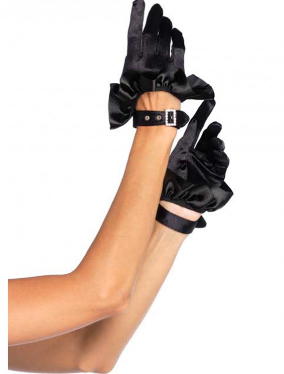 Black Cropped Satin Ruffle Gloves, halloween costume (Black Cropped Satin Ruffle Gloves)