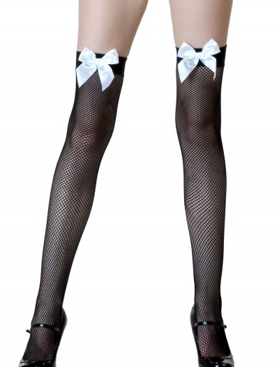 Black Fishnet / White Bow Thigh Highs, halloween costume (Black Fishnet / White Bow Thigh Highs)