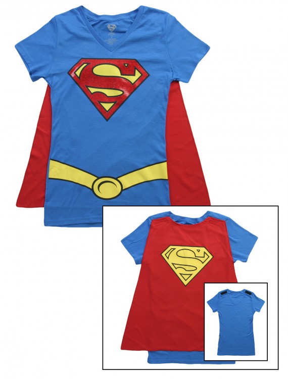 Womens Super Girl V-Neck Cape T-Shirt, halloween costume (Womens Super Girl V-Neck Cape T-Shirt)